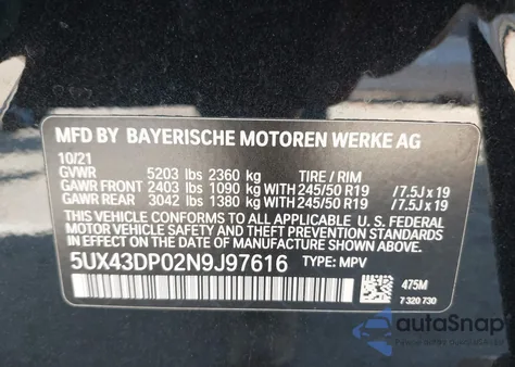 2022 BMW X3 Sdrive30I z USA, uszkodzony, nr VIN 5UX43DP02N9J97616